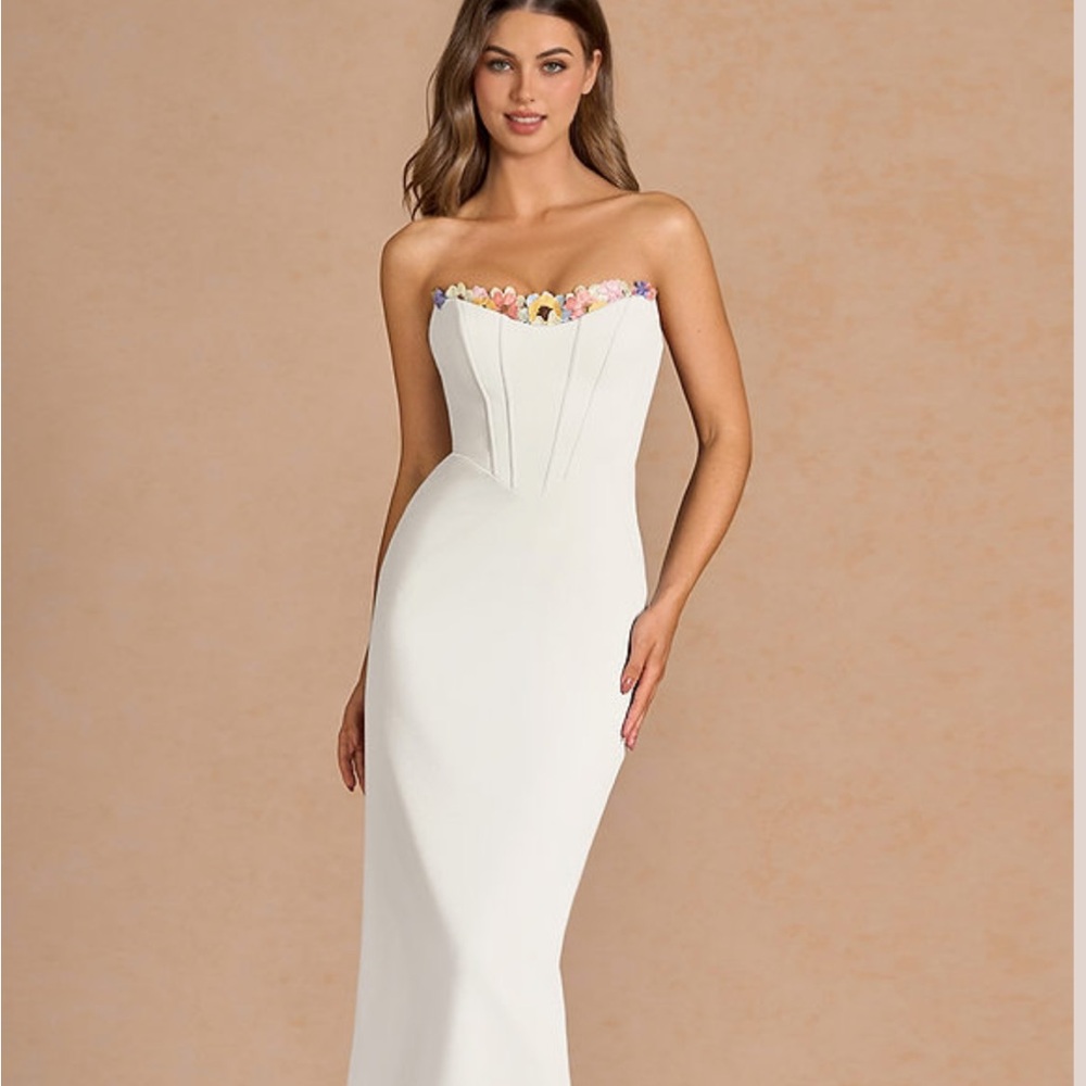 Azazie Strapless White Dress with Floral Details